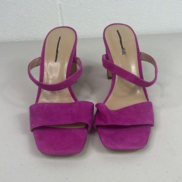 New Ann Taylor Suede Two Strap Block Heel Sandals Fuchsia Sz 7 Heels bright open - Picture 3 of 5
